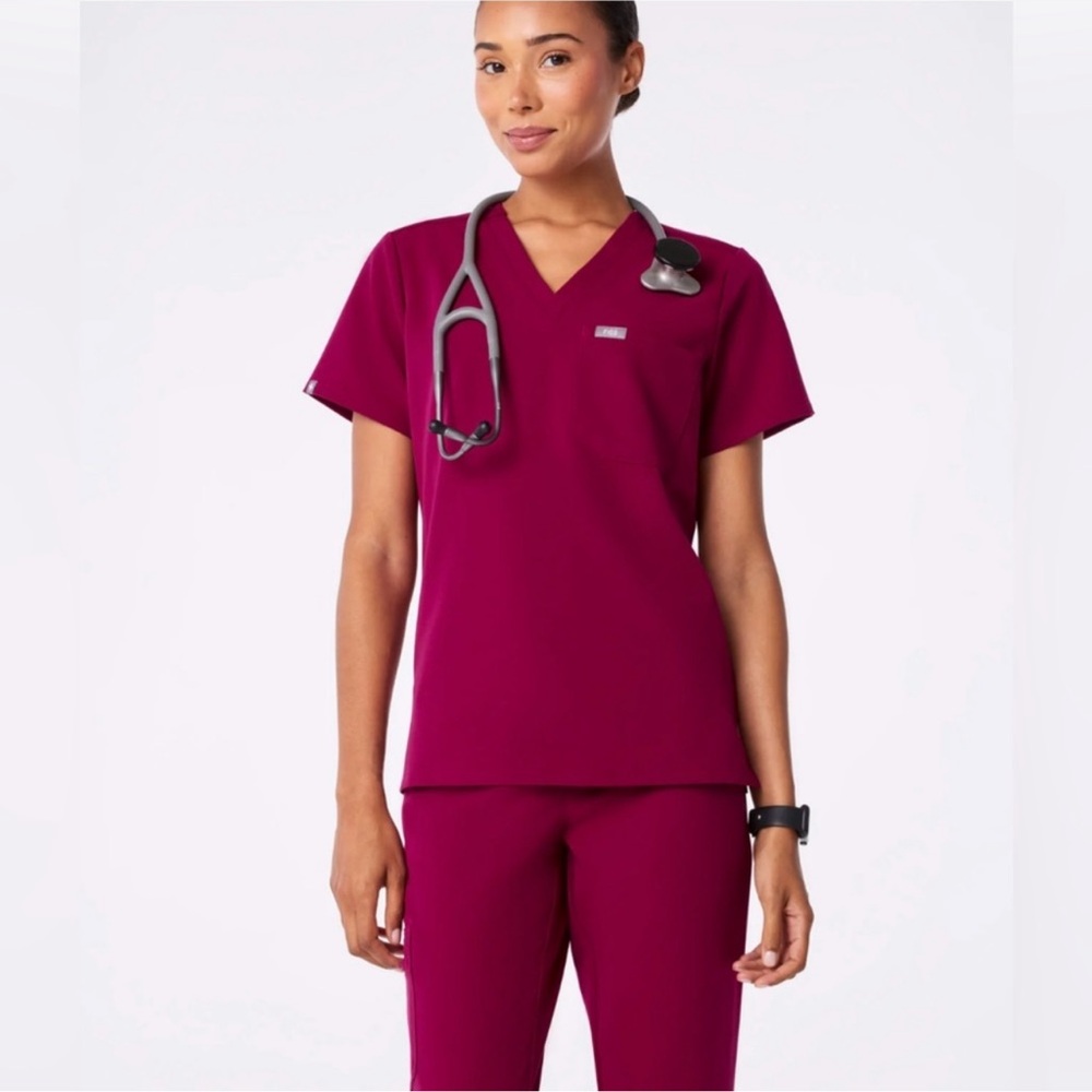 Figs Women's V-Neck Scrub Top dark magenta